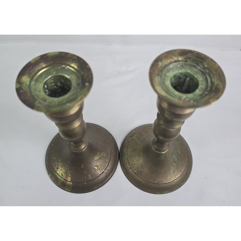 Pair Brass Metal Traditional Decorative Round Taper Candlestick Holders - Picture 3 of 3